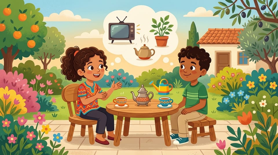 Yasmine et Youssef discutant autour d'une table de jardin, avec une bulle montrant la télé, une théière et une plante